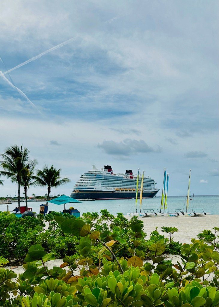 Disney ship seen from the beach at Castaway Cay